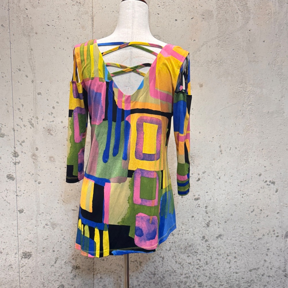 Artex Fashions Abstract Geometric Tunic Women Small Multicolor Cold Shoulder Art - Picture 3 of 8